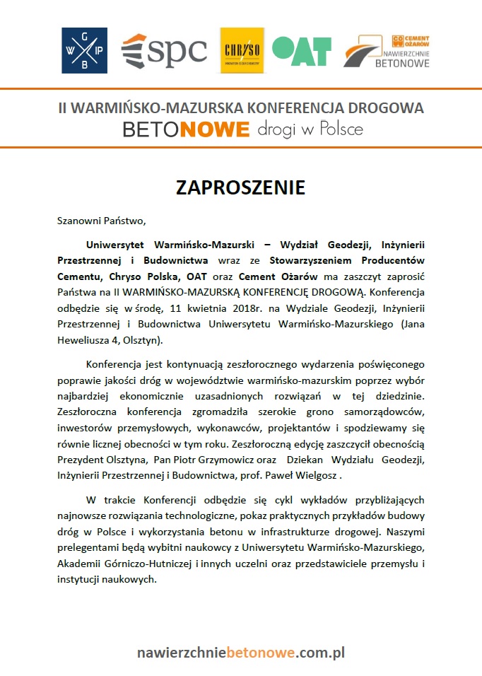 II Warmińsko-Mazurska Konferencja Drogowa "Betonowe drogi w Polsce" , Olsztyn 11.04.2018 r