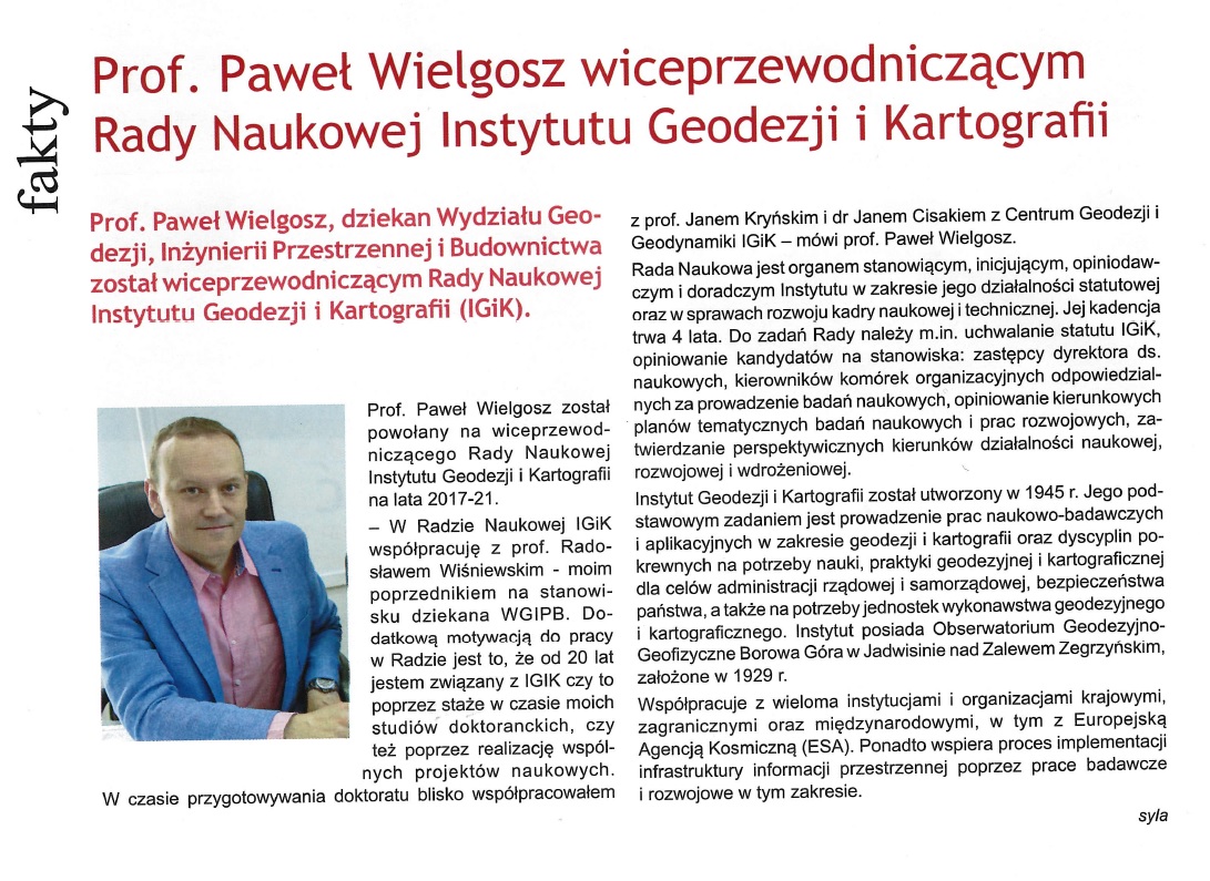 prof. Paweł wielgosz wiceprzewodniczącym Rady Naukowej Instytutu Geodezji i Kartografii