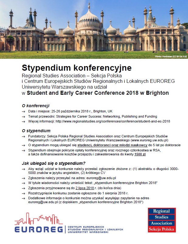 Stypendium konferencyjne dla studentów i młodych naukowców na udział w Regional Studies Association Student and Early Career Conference 2018 w Brighton 